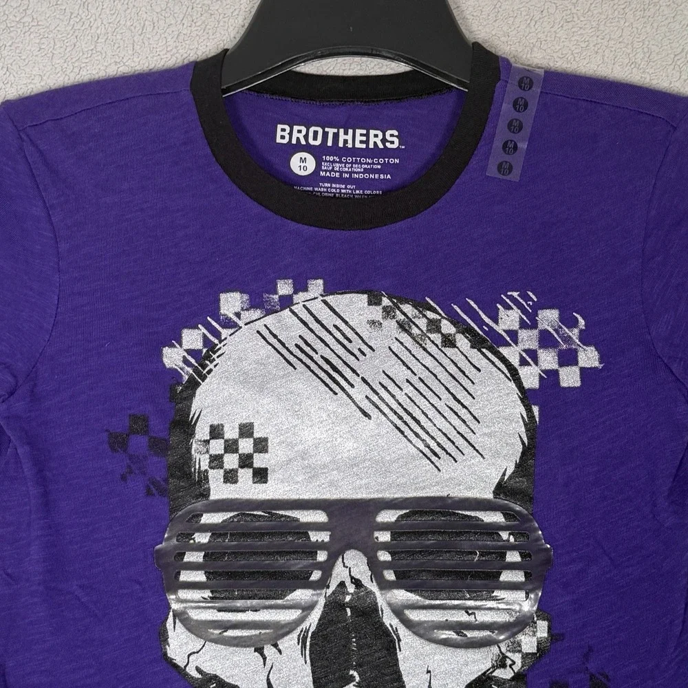 Brothers by Justice Purple Skull Graphic T Shirt Halloween Zipper Mouth M 10 NWT